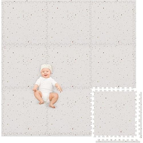 Play Non-Toxic Large Kids Play Mats for Floors, 9 Tile 72 x 72 inch - Extra-Thick Interlocking Foam Tiles, 24 x 24 in. Puzzle Mat Pieces with Border, Neutral Playmat Rug for Toddlers & Children