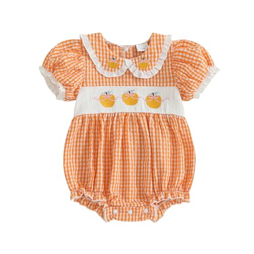 Kuriozud Newborn Baby Girl Halloween Outfit Smocked Bubble Romper Short Sleeve Jumpsuit Cute Infant Girl Fall Clothes