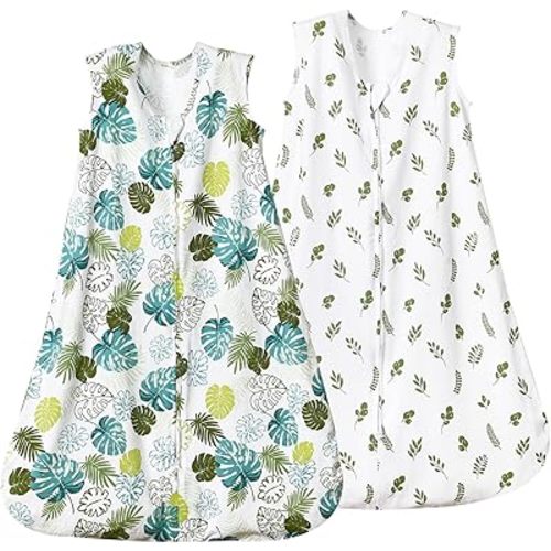 david's kids 100% Cotton Baby Sleep Sack 6-12 Months, Soft Baby Wearable Blankets with 2-Way Zipper, 2 Pack Comfy Sleeping Bags for Infant Newborn Boys Girls Neutral, Medium Size, Leaf