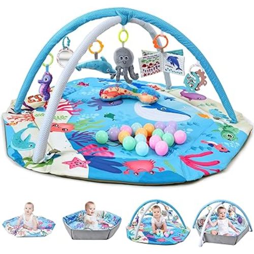 Baby Gym Play Mat, 8-in-1 Tummy Time Mat & Activity Gym, Washable Ball Pit, Infant Play Mat with Detachable Toys for Sensory Exploration and Motor Skill Development