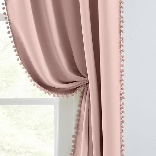 Melodieux Pink Pom Pom Blackout Curtains 72 Inches Long for Girls Bedroom, Thermal Insulated Boho Blackout Drapes for Living Room, Cute Kids Nursery Curtains 2 Panels Rod Pocket, 52" W x 72" L