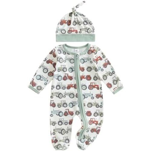 Fall Outfit Newborn Baby Boy One Piece Clothes Farm Tractor Long Sleeve Romper Jumpsuit Footie Hat Set