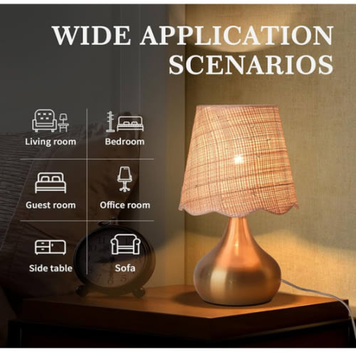 Gold Small Bedside Table Lamp for Bedroom, Brass Gold Mini Table Lamps for Nightstand, Rattan Shade Table Lamps for Small Spaces for Kitchen Counter, Bookshelf, Bedroom, Living Room, Kids Dorm