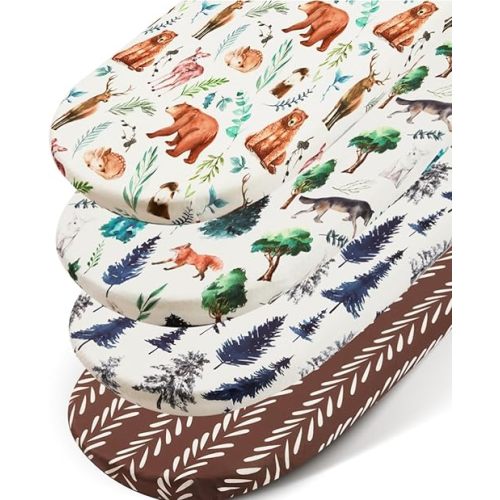 4 Pack Bassinet Sheets Woodland Forest Animals Wood Neutral Unisex Fitted Baby Bassinet Sheets Set for Standard Bassinets for Baby Boys or Girls