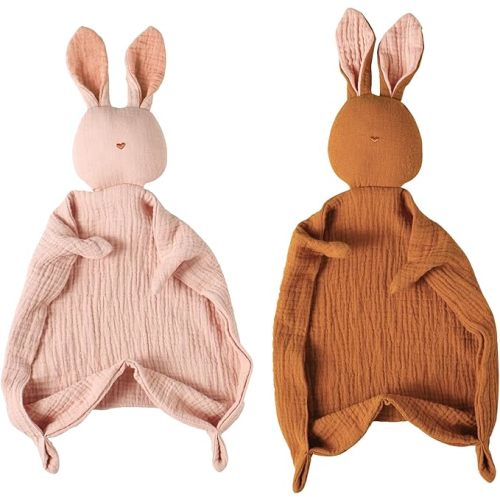 insular Bunny Lovey Blanket for Boys and Girls, Organic Cotton Muslin Security Blanket for Babies, Soft Breathable Lovie Soothing Towel for Newborn and Infant, 2 Pack, Pink&Caramel