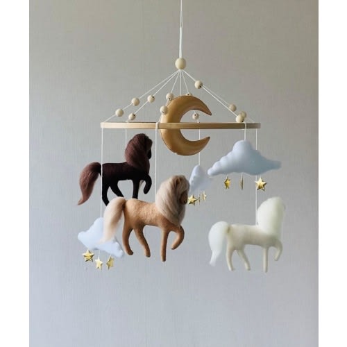 Horse baby mobile for neutral nursery, crib mobile, baby shower present, moon and cloud mobile, hanging nursery decor, newborn gift.