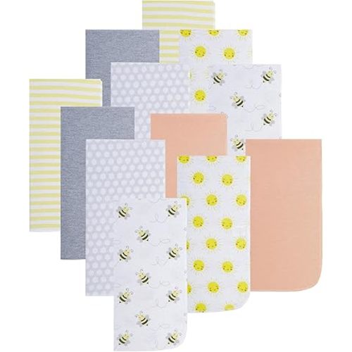 EVERYDAY KIDS 12 Pack Burp Cloths for Baby Boys and Girls - Bees, Sun and Stripes