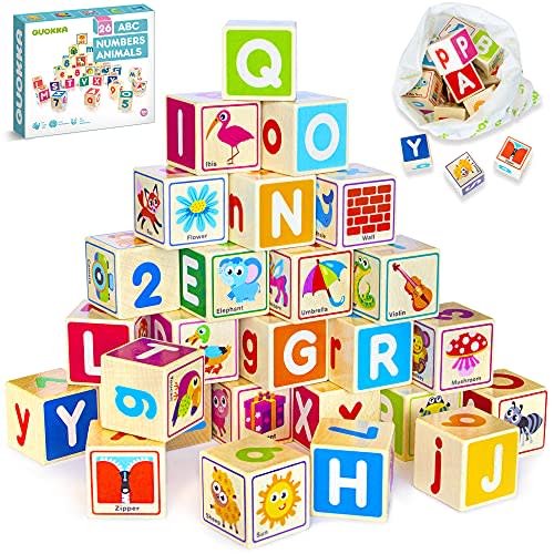 QUOKKA Wooden Puzzles Blocks for Toddlers 1-3 Large - 26 Alphabet & Numbers Baby Blocks for Kids Ages 2-4 Gift Wood Stacking & Building Toys for Learning ABC Letters for Boys and Girls 2-4