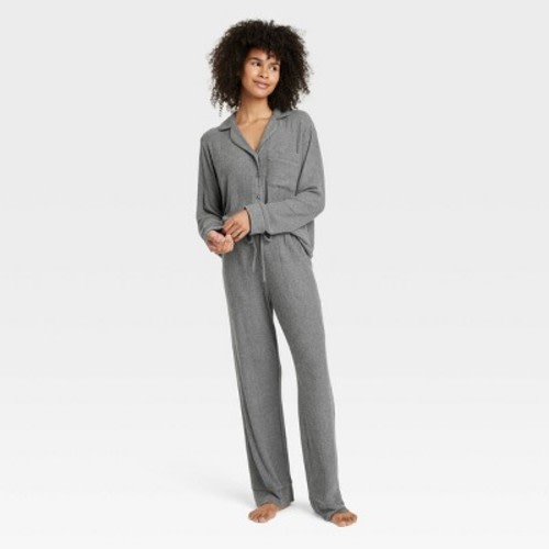 Women's Cozy Ribbed Long Sleeve Notch Collar Shirt and Pants Pajama Set - Auden™, Color: Dark Gray, Size: M