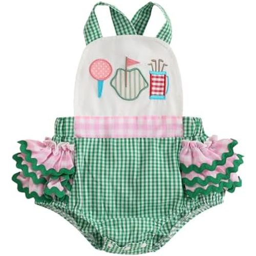 Suolongsama Newborn Baby Girl Golf Outfit Sleeveless Overall Romper Golf Embroidery Ruffle Backless Bodysuit Summer Clothes