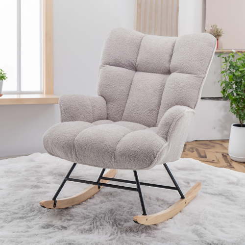 Nursery Rocking Chair Teddy, Upholstered Glider Rocker with High Backrest, Comfortable Stylish Accent Armchair with Padded Seat for Living Rooms, Bedrooms, Offices