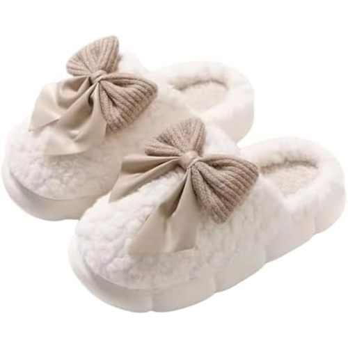 Plush Cute Bow Slippers for Women – Furry Comfy Indoor Outdoor Non-Slip House Slippers