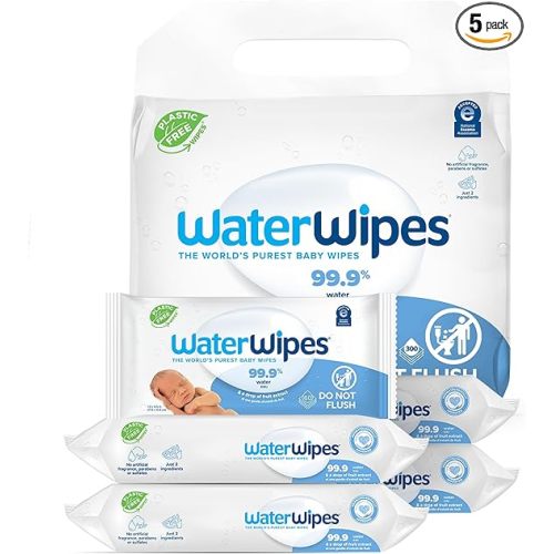 WaterWipes Plastic-Free Original Baby Wipes, 99.9% Water Based Wipes, Unscented & Hypoallergenic for Sensitive Skin, 300 Count (5 packs) - 60 Count (Pack of 5)