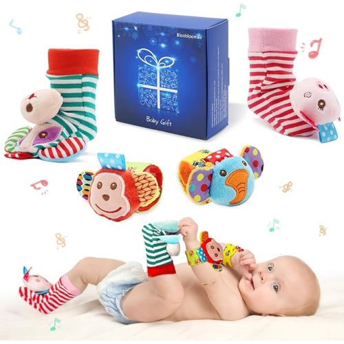 SSK Soft Baby Wrist Rattle Foot Finder Socks Set,Cotton and Plush Stuffed Infant Toys,Birthday Holiday Birth Present for Newborn Boy Girl 0/3/4/6/7/8/9/12/18 Months Kids Toddler,4 Cute Animals