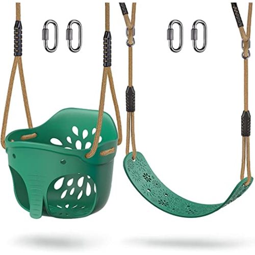 Dolibest Toddler Swing Set Accessories High Back Full Bucket Swing Seats w/ Adjustable Rope and 4 Locking Carabiners, Cute Elephant Shape Design 600LB Capacity (2 Pack) - Green Bucket Swing With Green Swing Seat