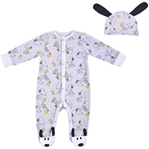 Peanuts Snoopy Boys Coverall Footed Romper and Hat Set for Newborn and Infants
