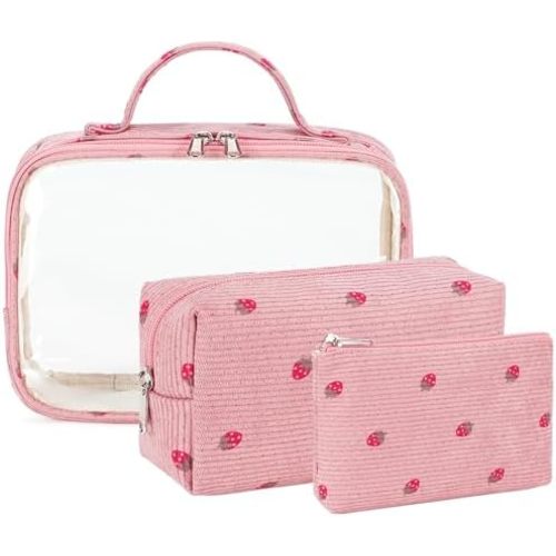 Bluboon 3Pcs Makeup Toiletry Bag for Women, Clear Packing Cubes Cosmetic Bag for Travel Women With Zipper Travel Essentials (Corduroy Strawberry Pink)
