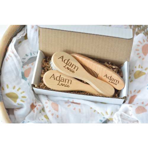 Set of 3 Personalized Baby Hair Brush and Comb Newborn Baby Shower Gift, Custom Wooden Engraved Keepsake for Girl or Boy, Bath Beauty