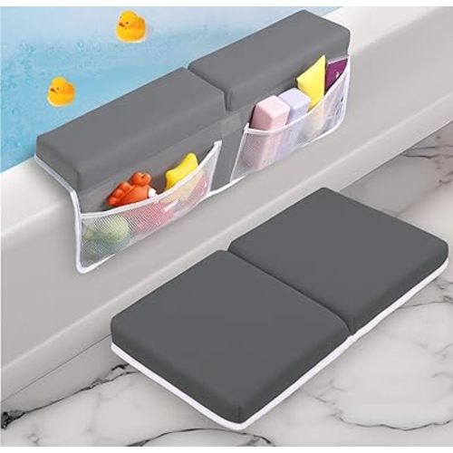 Baby Bath Kneeler and Elbow Rest Pad Set - Baby Bath Support for Knees and Elbows - Bath Kneeler Pad with Memory Foam and Bath Toy Organizer - Bath Kneeling Pad for Bathing Baby - Dark Grey