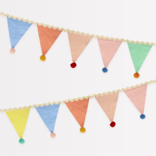 Meri Meri Pastel Pom Pom Flag Garland (Pack of 1). Garland length is 6'. Measures 10' including excess cord.
