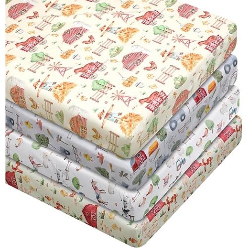 4 Pcs Farm Animals Crib Sheet Set Baby Sheet Newborn Bedding Nursery Crib Sheets for Girl Boys Baby Gifts for Standard Crib and Toddler Mattresses, 52 x 28 x 8 Inches