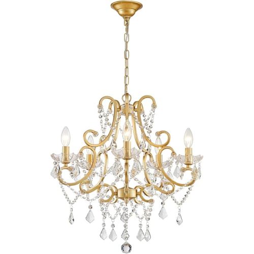Crystal Chandelier, 5-Light Gold Chandelier for Dining Room Light Fixture, K9 Crystal Pendant Ceiling Light Fixture, Modern Candle Chandelier for Living Room Kitchen Island Entryway Bedroom