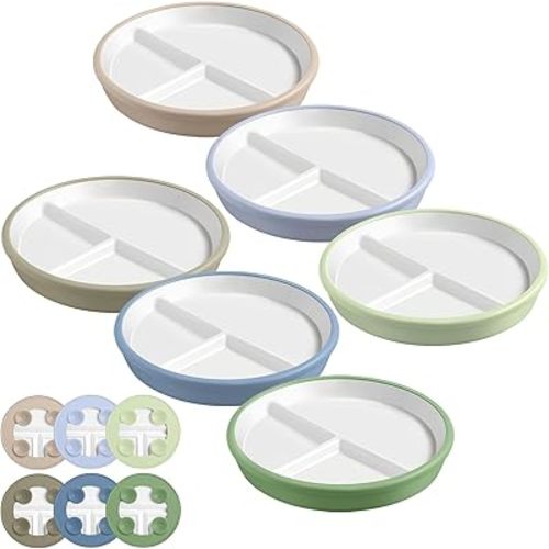 Domensi 6pcs 8" Large Porcelain Kids Plates with Anti-slip Silicone Sleeve Ceramic Divided Plate with Suction for Toddler Eating Microwave Dishwasher Friendly (Blue,Green,Lilac,Sage,Gray,Beige)