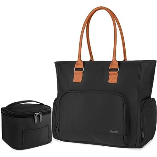 LUXJA Breast Pump Bag with Breastmilk Cooler Bag (Hold Four 5 Ounce Breastmilk Bottles), Leather Handle Breast Pump Tote for Working Mothers (With a Laptop Pocket), Black