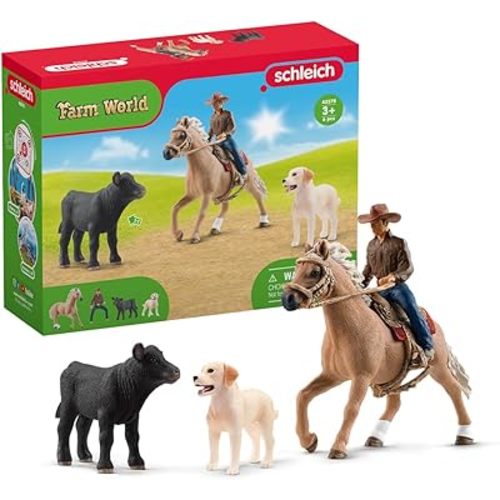 Schleich Farm World - 6PC Rodeo Calf Adventure Playset - Cowboy Rider Figurine with Horse Figure, Cow and Dog - Realistic Western Rodeo Farm Toys and Accessories - Kids and Toddlers Ages 3+ | 42578