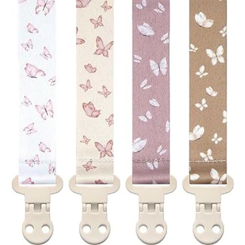Baby Pacifier Clip Holder - Girl or Boy Unisex 4 Pack Gift Set – Blush Pink and Beige Butterflies (Anabella)