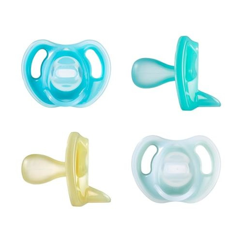 Tommee Tippee Ultra-light Silicone Pacifier, Symmetrical One-Piece Design, BPA-Free Silicone Binkies, 6-18 months, Pack of 4 Pacifiers - Blue, Green, Yellow