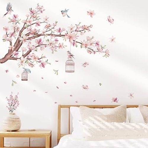 wondever Cherry Blossom Flowers Wall Stickers Pink Magnolia Floral Tree Branch Birds Peel and Stick Wall Art Decals for Living Room Bedroom TV Wall