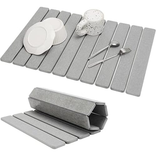 Large Stone Dish Drying Mat for Kitchen Counter, Eco-friendly, Instant Drying Pad,Diatomaceous Earth Water Absorbing Mat, Foldable and Super Absorbent Dish Drying Stone Mat, 24"×16", Light Gray