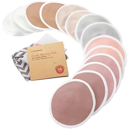 Organic Bamboo 4-Layers Nursing Breast Pads - 14 Washable Pads + Wash Bag - Breastfeeding Nipple Pad for Maternity - Reusable Nipplecovers for Breast Feeding (Lovelle, L 4.8")