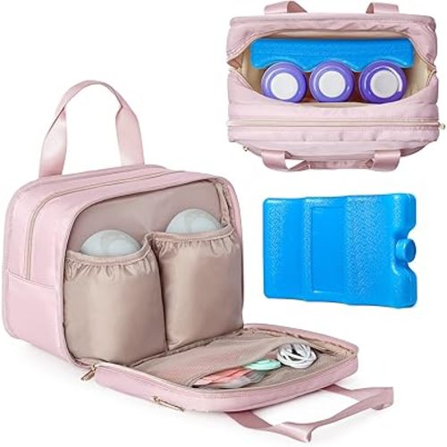 Fasrom Wearable Breast Pump Bag with Cooler and Ice Pack Compatible with Momcozy, Medela and Elvie Pumps, Insulated Pump Carrying Case to Hold Extra Pump Parts, Pink (Patent Design)