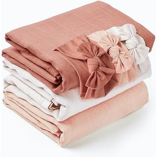 Konssy 3 Pack Muslin Baby Receiving Blankets with Headband Set, Soft Fabric Newborn Swaddle Blanket, Large 45.6 x 45.6 inches, Breathable Muslin Baby Swaddles for Boys & Girls