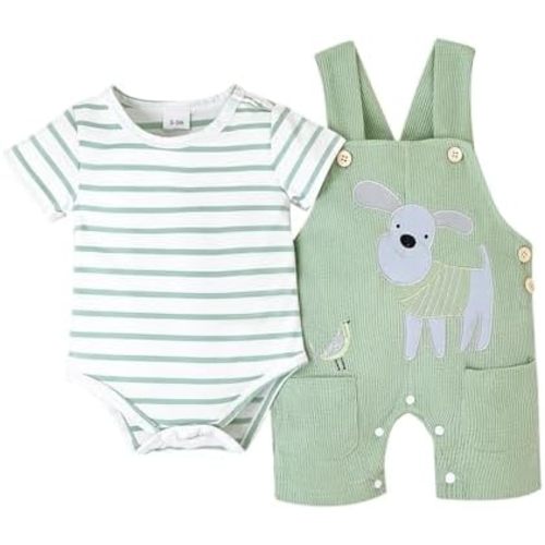 Baby Boy Clothes Infant Summer Outfits Short Sleeve Striped Romper Cute Cartoon Dog Overall Pants Set 2pcs 0-18 Months