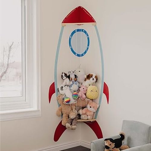 Putska Corner Stuffed Animal Storage Organizer with LED Lights - Stuffed Animal Holder, Stuffy Storage, Space-Saving Plushies and Toy Corner Organizer for Kids Room - Spaceship