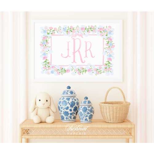 Watercolor monogram, Nursery Monogram, Pink floral Monogram, Nursery wall art, Whimsical floral nursery art, Ribbon, Baby Girl