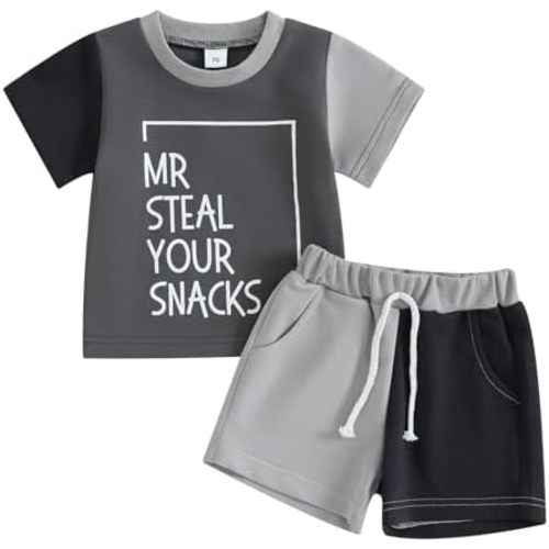 Toddler Baby Boy Summer Clothes Short Sleeve Letter Print T Shirt Tops + Elastic Shorts Infant Casual Outfit Set