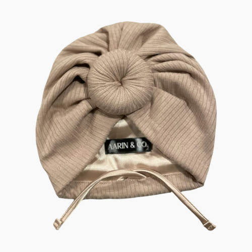 Aarin & Co. Adjustable Satin Lined Turban - Oat, 0-3 M