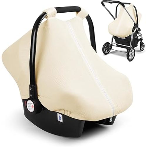 Elstey Muslin Baby Car Seat Cover, Breathable Carseat Canopy with Fully Zipper Opening, Universal Fit Infant Stroller Carrier Covers for Boys and Girls