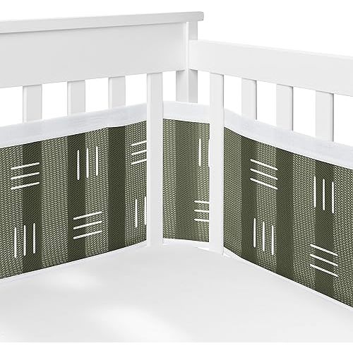Sweet Jojo Designs + BreathableBaby Hunter Green Boho Mudcloth Boy or Girl Breathable Mesh Crib Liner Baby Infant Dark Sage Bohemian Hatch Gender Neutral Line for Jungle Animal Collection