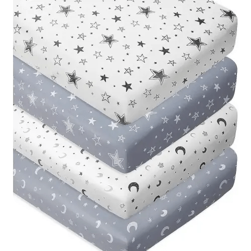 4 Pack Star and Moon Neutral Unisex Fitted Baby Sheets Set for Baby Boys or Girls (Crib Sheets)