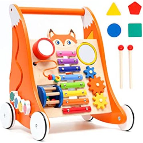 Wooden Baby Walker Baby Push Walker with Multiple Entertainment Activity Center, Sit-to-Stand Learning Baby Walkers for 1 Year Old Boys Girls Infants
