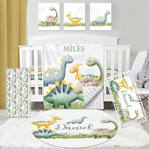 Personalized Baby Crib Bedding Set - 5 Piece Crib Set Green Dinosaur Design for Baby Kids - Custom Name Blanket with Dotted Backing - Nursery Crib Bedding Gifts for Unisex Newborns