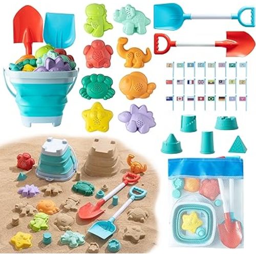 Sawaruita Beach Toys for Kids - Sand Toys Set Includes Collapsible Bucket Shovel and Mesh Bag 17 PCS, Toddlers Sandbox Toys Sandcastle Building Kit (Kids Beach Toy Set)
