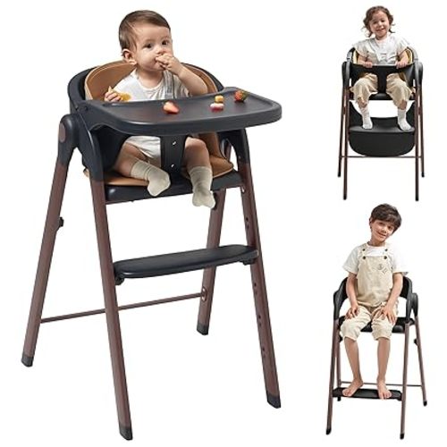 KUB High Chair for Babies and Toddlers Adjustable Foldable Convertible 5 Point Harness Easy Clean Wood-Printed Metal with Removable Tray Baby Highchair for Family (White&Natural Wood-Printed Metal)