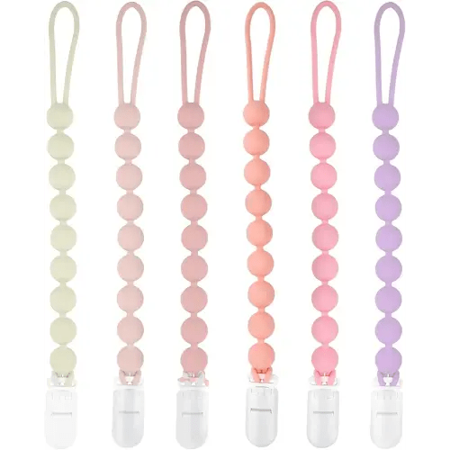 Silicone Pacifier Clip Holder, 6 Pack One Piece Soft Flexible Binky Clips Pacifier Holder Clip for Girls, Baby Girl Newborn Essentials, Teething Relief