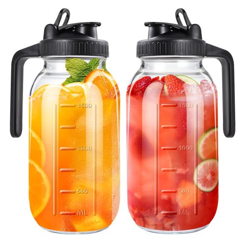 FORHVIPS 2 Pack Mason Jar Pitcher with Pour Spout Handle Lid,2 Quart (64OZ) Thick Glass Pitcher with Lid, Leak-proof Glass Pitcher Wide Mouth for Brew Coffee,Ice Beverage,Juice,Lemonade,Sun Tea